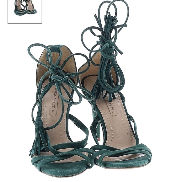 BCBGMAXAZRIA Green Suede High Heels Sz 36 Tassel Ankle Wrap - Picture 3 of 9